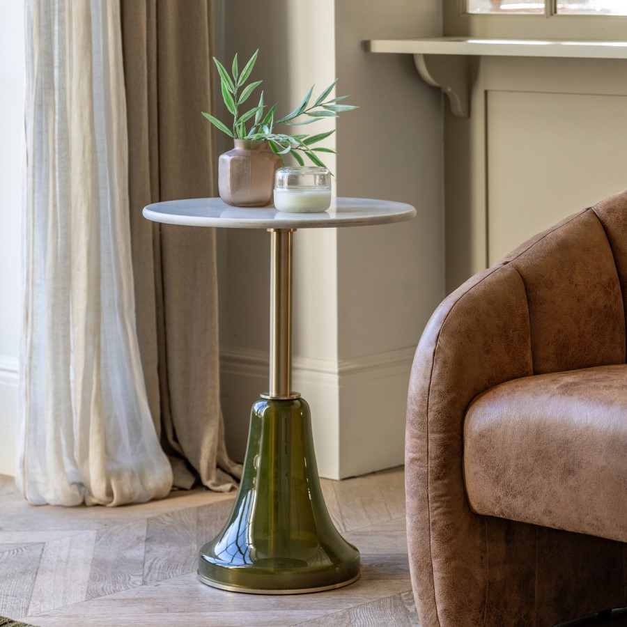 Round Marble and Green Glass Base Side Table - Bilbao - Caspian House