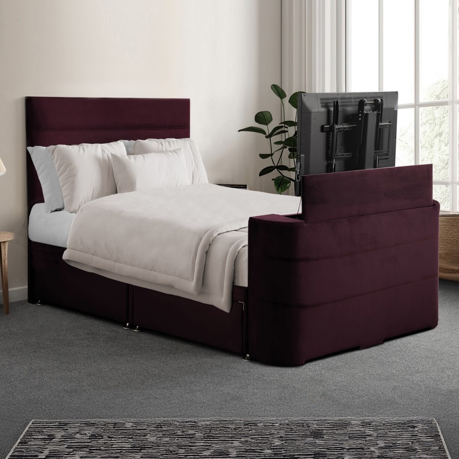 Burgundy Velvet King Size Hybrid TV Bed Frame with Storage - Jackson