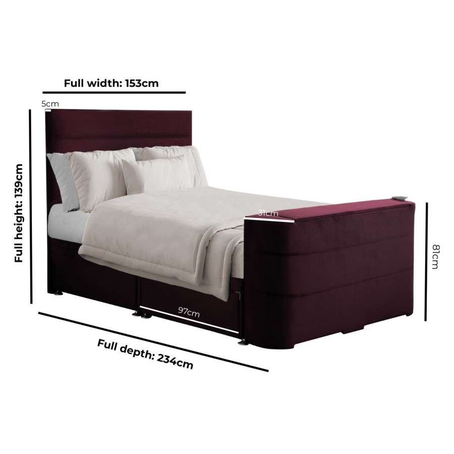 Burgundy Velvet King Size Hybrid TV Bed Frame with Storage - Jackson