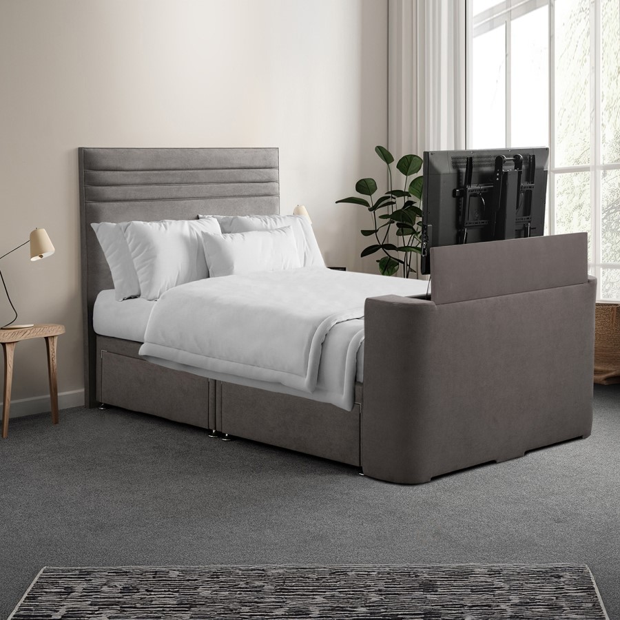 Grey Fabric King Size Hybrid TV Bed Frame with Storage - Chic