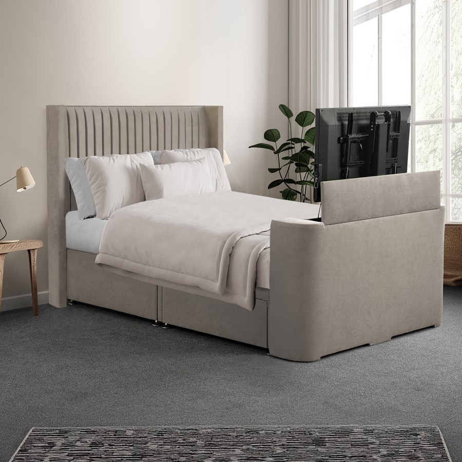 Beige Fabric Double Hybrid TV Bed Frame with Storage - Orlando
