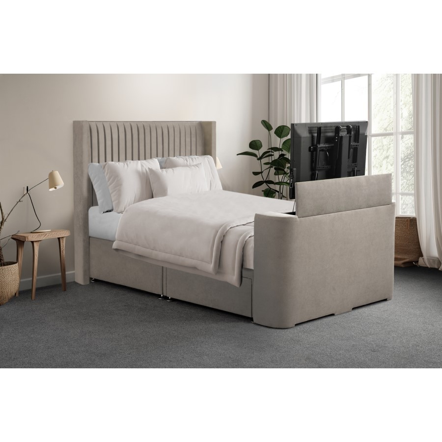 Beige fabric King Size Hybrid TV Bed Frame with Storage - Orlando