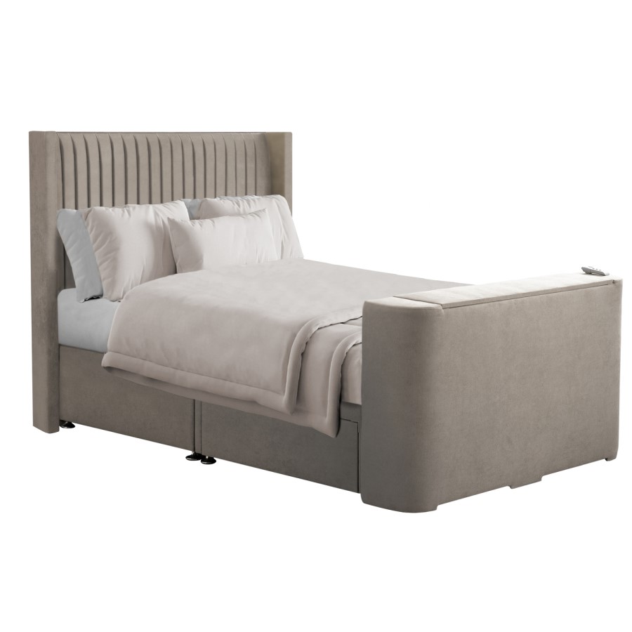 Beige fabric King Size Hybrid TV Bed Frame with Storage - Orlando