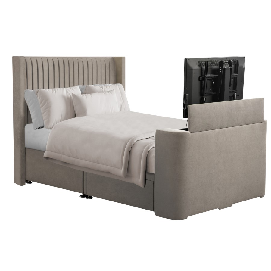 Beige fabric King Size Hybrid TV Bed Frame with Storage - Orlando