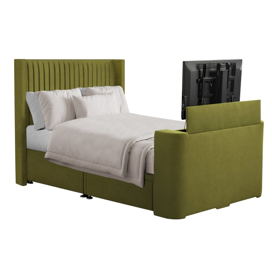 Olive Green Fabric Double Hybrid TV Bed Frame with Storage - Orlando