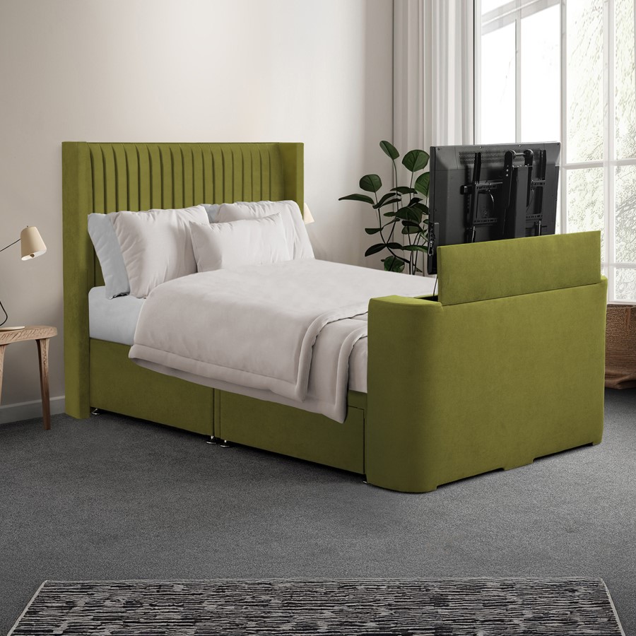 Olive Green Fabric King Size Hybrid TV Bed Frame with Storage - Orlando