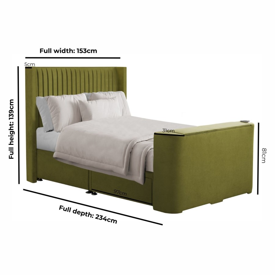 Olive Green Fabric King Size Hybrid TV Bed Frame with Storage - Orlando