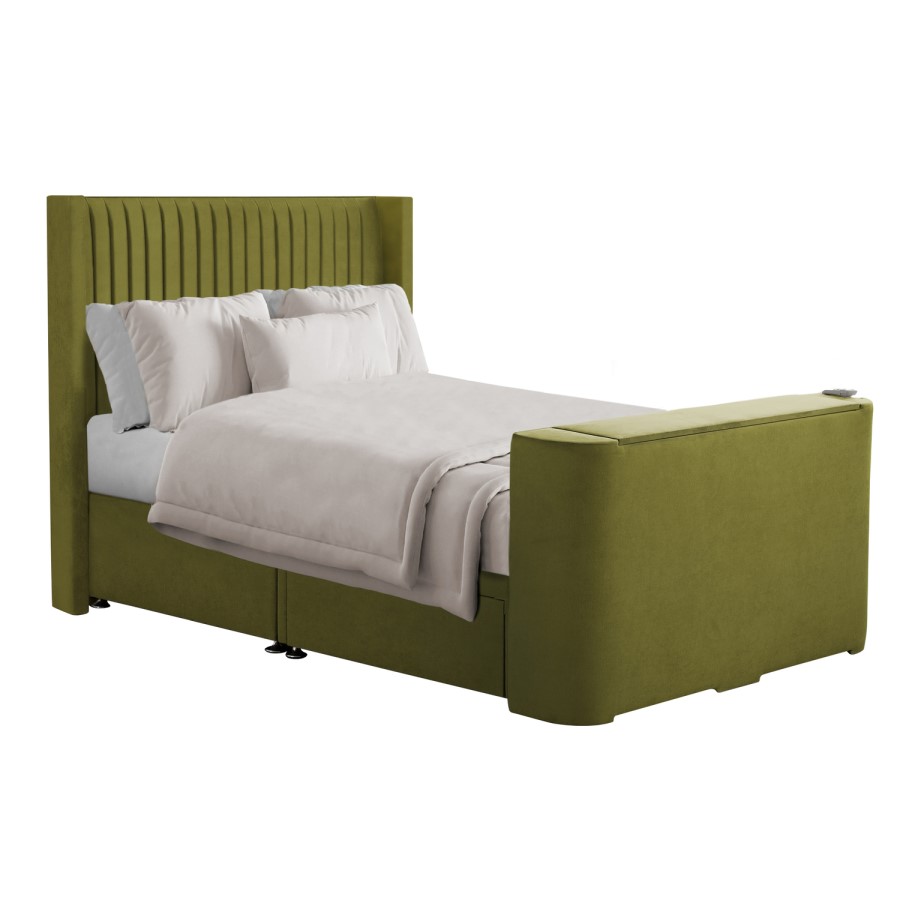 Olive Green Fabric King Size Hybrid TV Bed Frame with Storage - Orlando