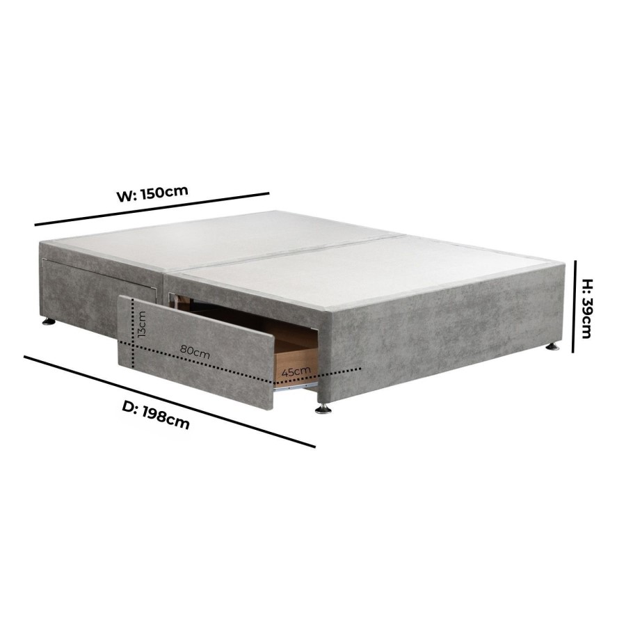 Grey Fabric King Size Divan Bed Base with 4 Drawers - Langston