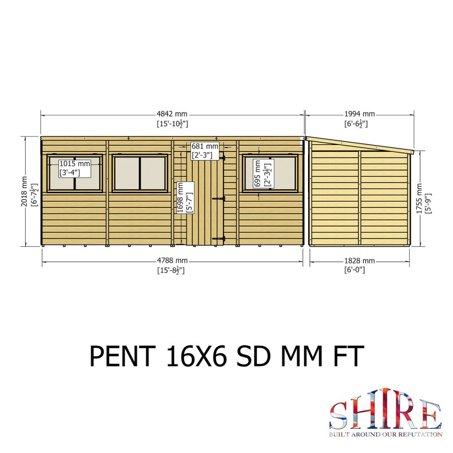 Shire Pent 16 x 6 Shiplap Shed