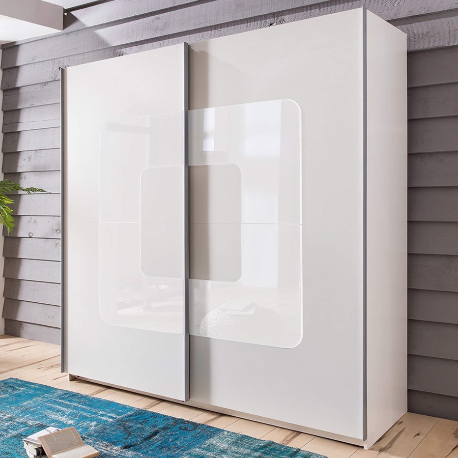 Evoque Sliding Wardrobe in Alpine White with Curved Glass Insert 