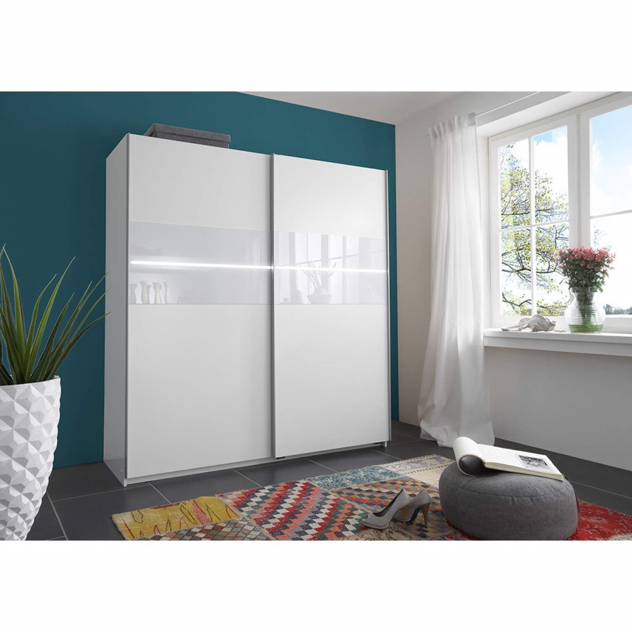 Evoque LED Sliding Door Wardrobe With White Glass Feature