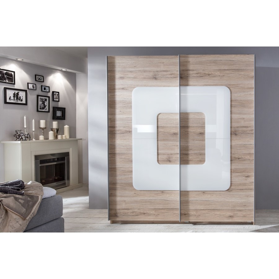 Evoque Oak Effect Sliding Wardrobe with Curved Glass Insert