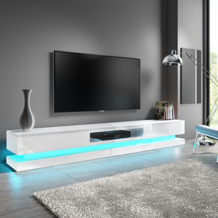 GRADE A1 - Extra Large White Gloss TV Stand with LEDs- TV's up to 70" - Evoque
