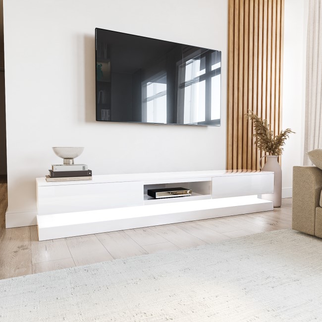 Wide White Gloss TV Stand with Storage & LEDs - TV's up to 70" - Evoque