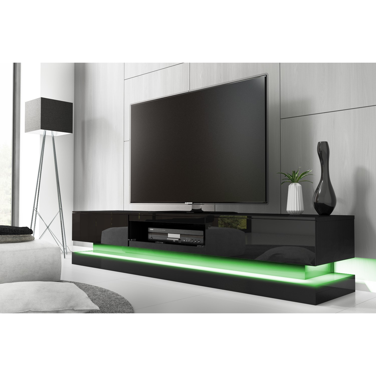 Large Black High Gloss TV Unit with LED Lighting TV's up to 70