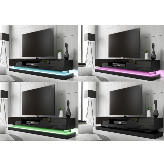 Grade A1 - Large Black High Gloss TV Unit with LED Lighting - TV's up to 70" - Evoque