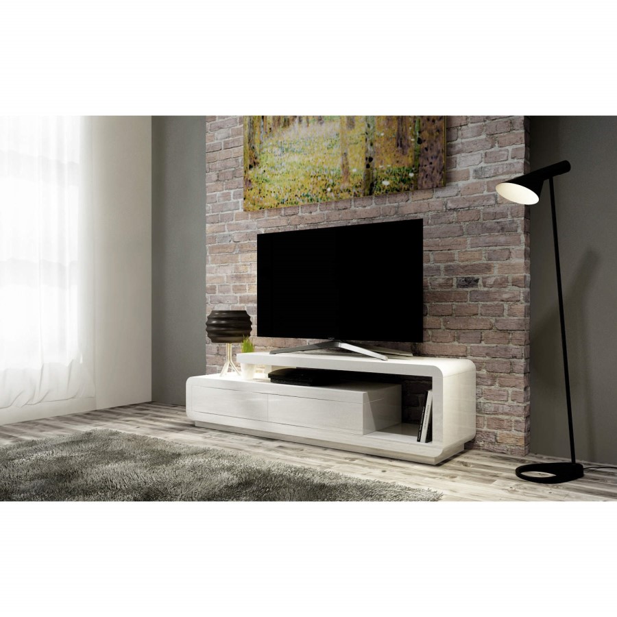 GRADE A1 - Evoque Geometric TV Unit in White High Gloss with Touch Open Drawers