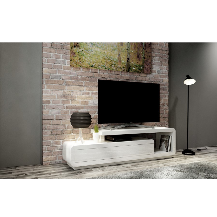 GRADE A1 - Evoque Geometric TV Unit in White High Gloss with Touch Open Drawers
