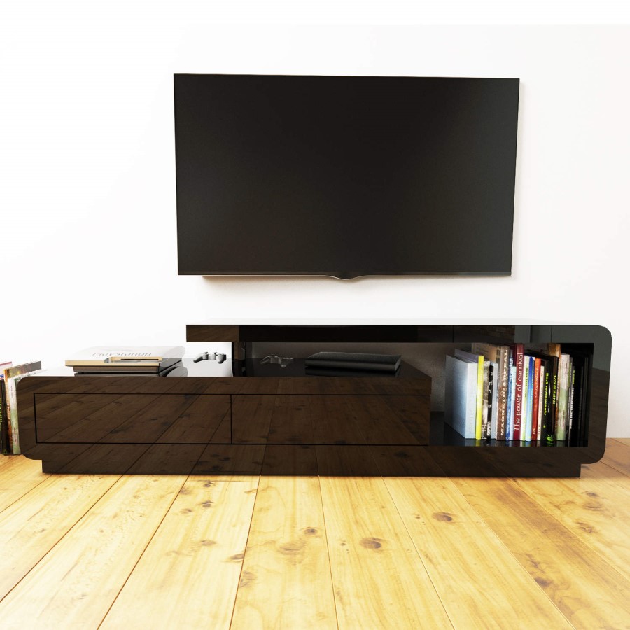 GRADE A2 - Evoque Geometric TV Unit in Black High Gloss with Touch Open Drawers 