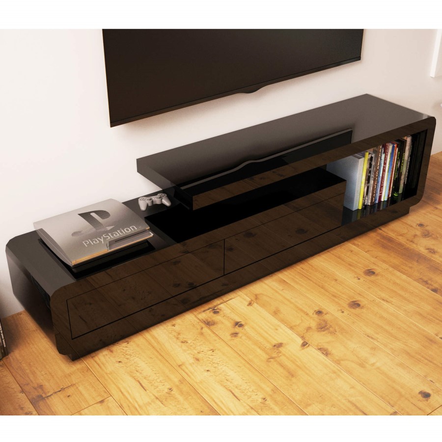 GRADE A2 - Evoque Geometric TV Unit in Black High Gloss with Touch Open Drawers 