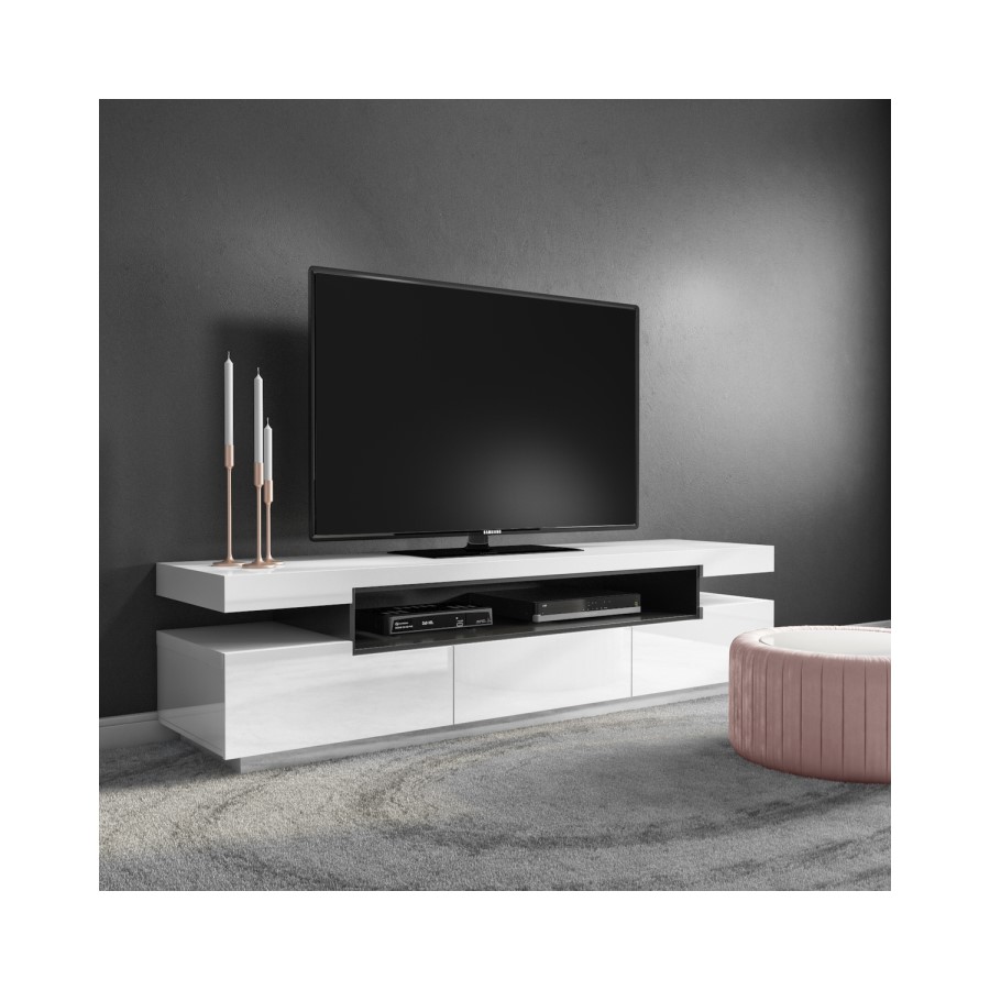 GRADE A2 - Large White High Gloss TV Unit with Grey Shelf - Harlow