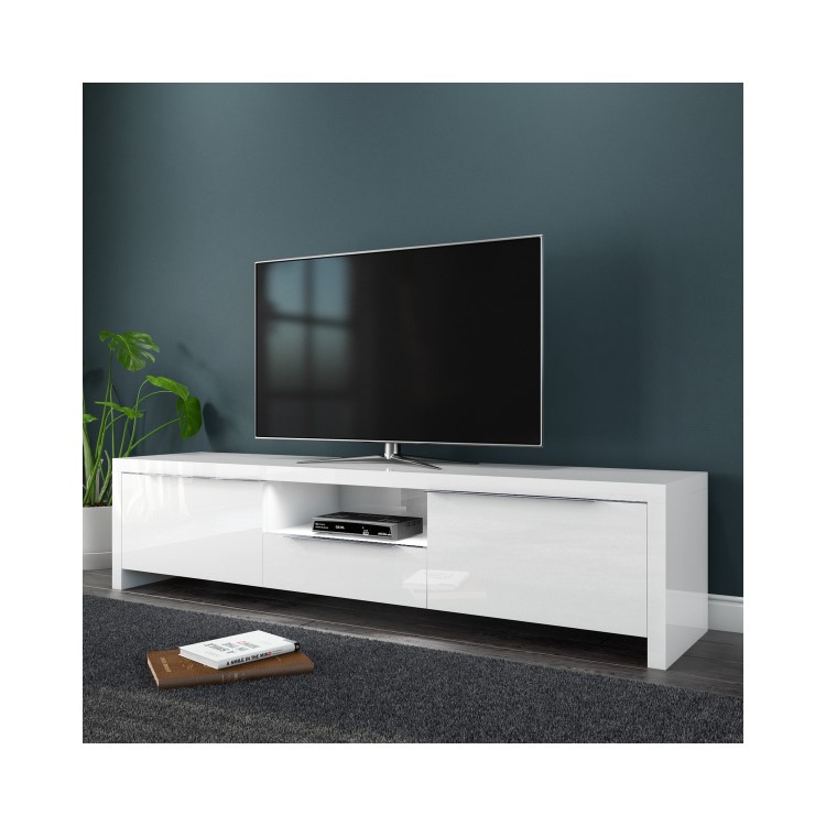 Grade A1 - Large White Gloss TV Unit with LED & Storage - TV's up to 56" - Evoque