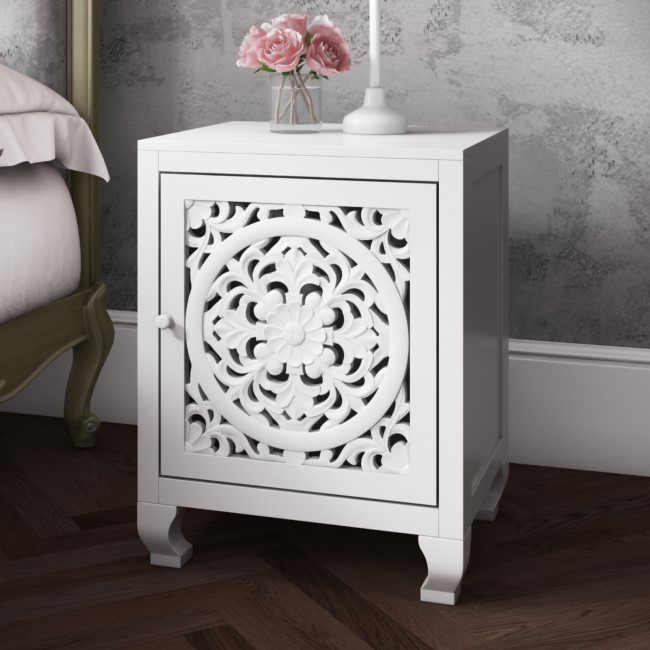 GRADE A1 - Fraya White Bedside Table with Hand Carved Detail