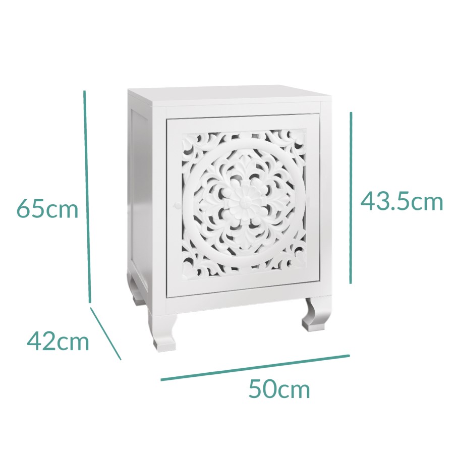 GRADE A1 - Fraya White Bedside Table with Hand Carved Detail