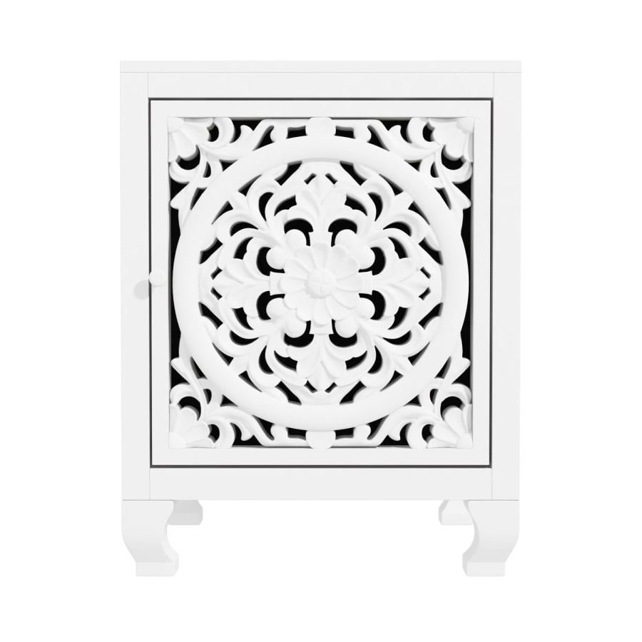 GRADE A1 - Fraya White Bedside Table with Hand Carved Detail