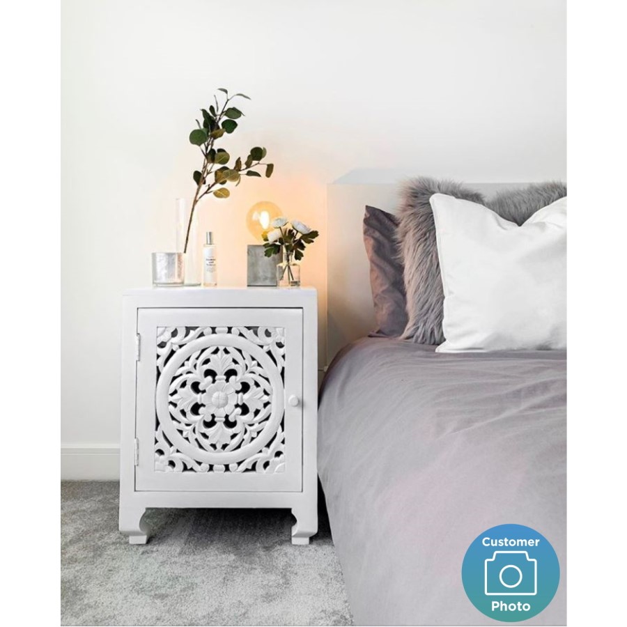 GRADE A1 - Fraya White Bedside Table with Hand Carved Detail