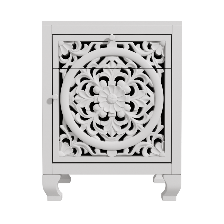 GRADE A1 - Fraya Pale Grey Bedside Table with Hand Carved Detail