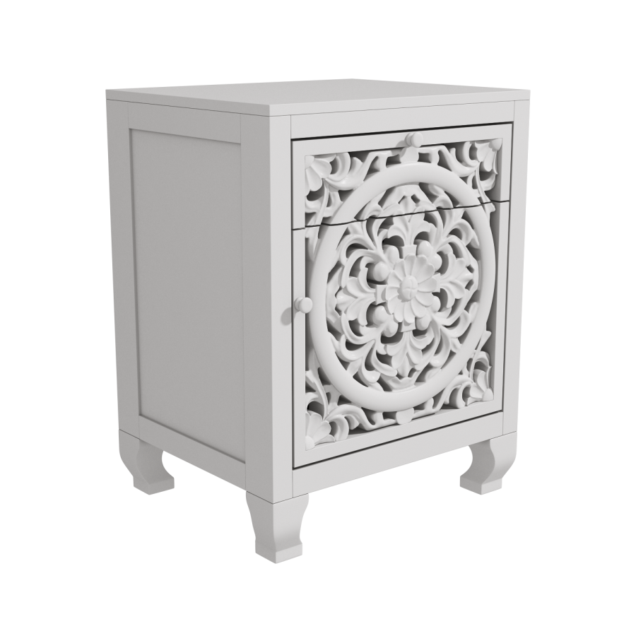 GRADE A1 - Fraya Pale Grey Bedside Table with Hand Carved Detail