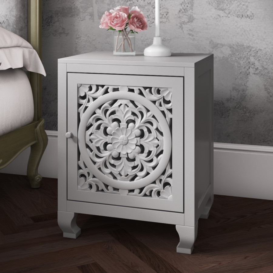Fraya Pale Grey Bedside Table with Hand Carved Detail