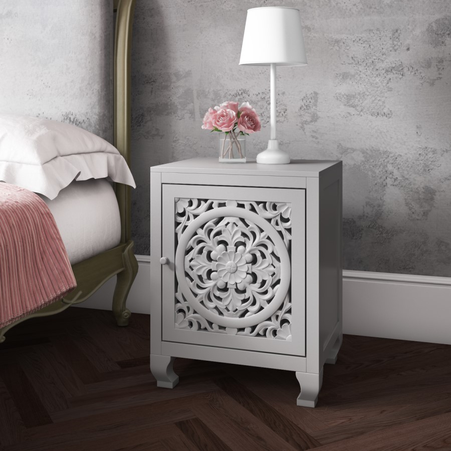 Fraya Pale Grey Bedside Table with Hand Carved Detail