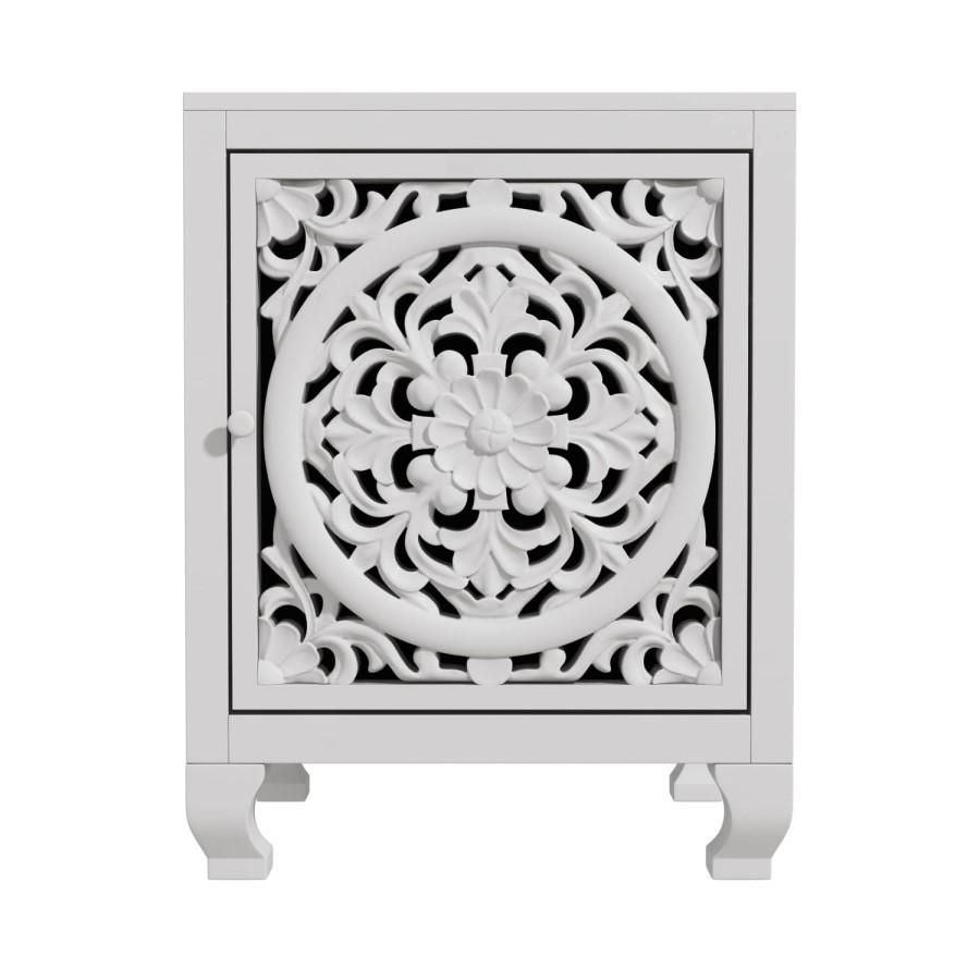 Fraya Pale Grey Bedside Table with Hand Carved Detail