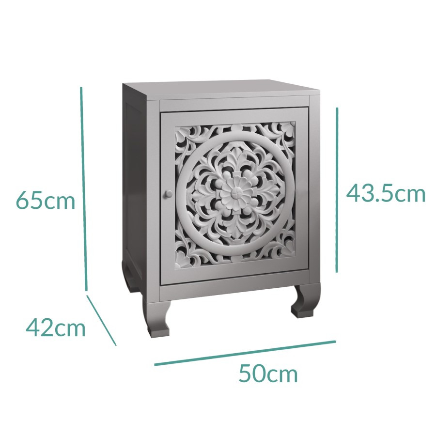 Fraya Pale Grey Bedside Table with Hand Carved Detail