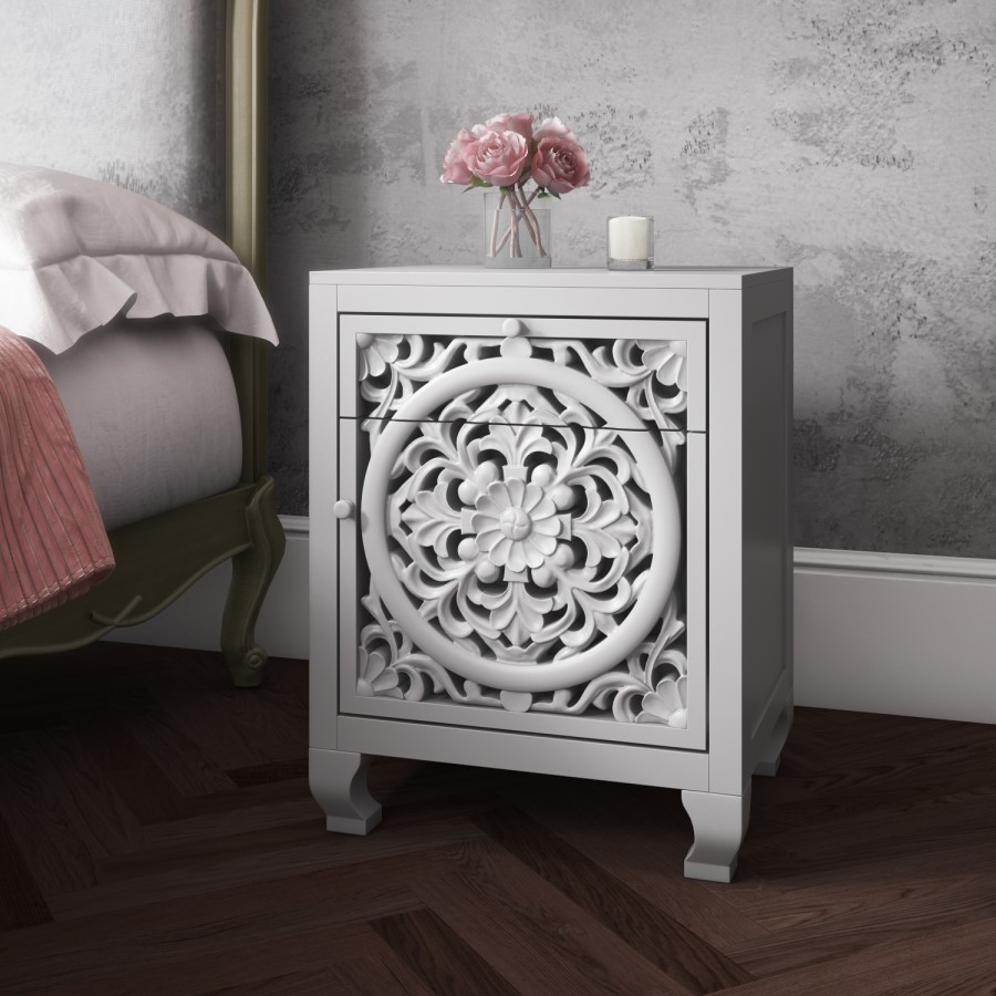 GRADE A1 - Fraya Pale Grey Bedside Table with Hand Carved Detail