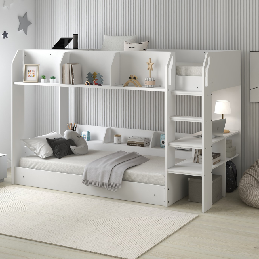 White Bunk Bed with Storage Shelves - Freddie