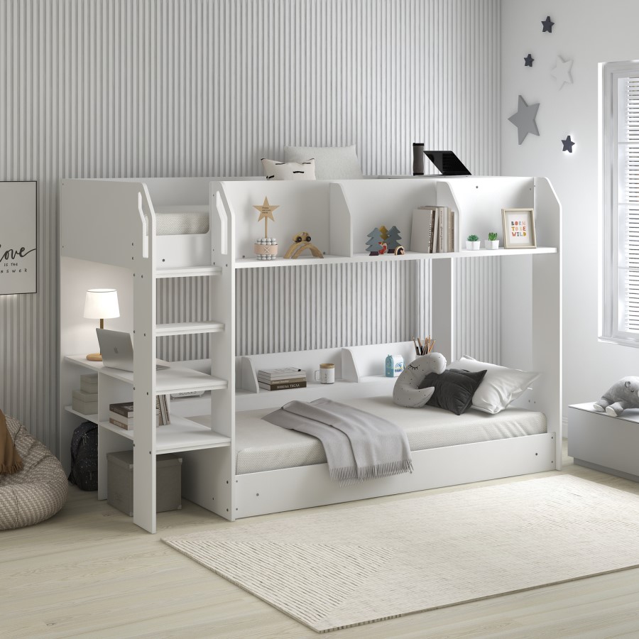 White Bunk Bed with Storage Shelves - Freddie