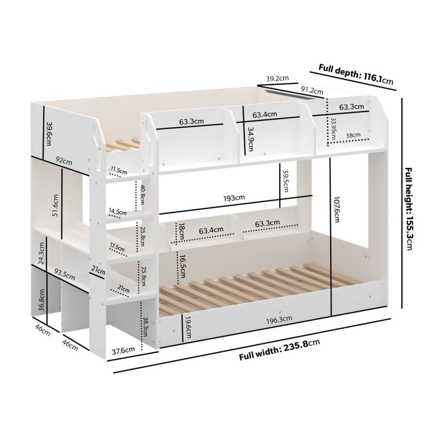 White Bunk Bed with Storage Shelves - Freddie