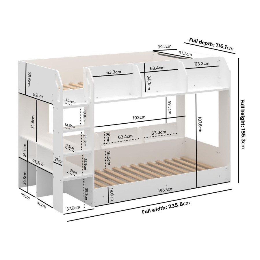 White Bunk Bed with Storage Shelves - Freddie