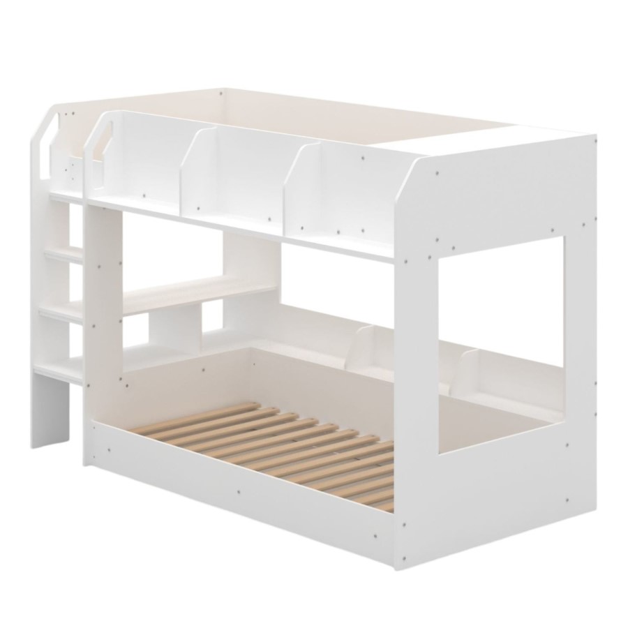 White Bunk Bed with Storage Shelves - Freddie