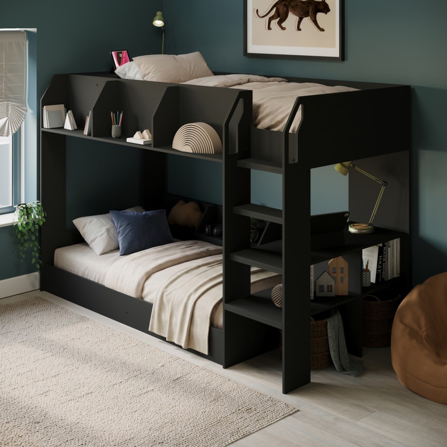 Black Bunk Bed with Storage Shelves - Freddie