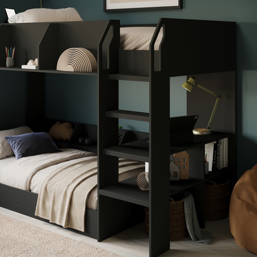 Black Bunk Bed with Storage Shelves - Freddie