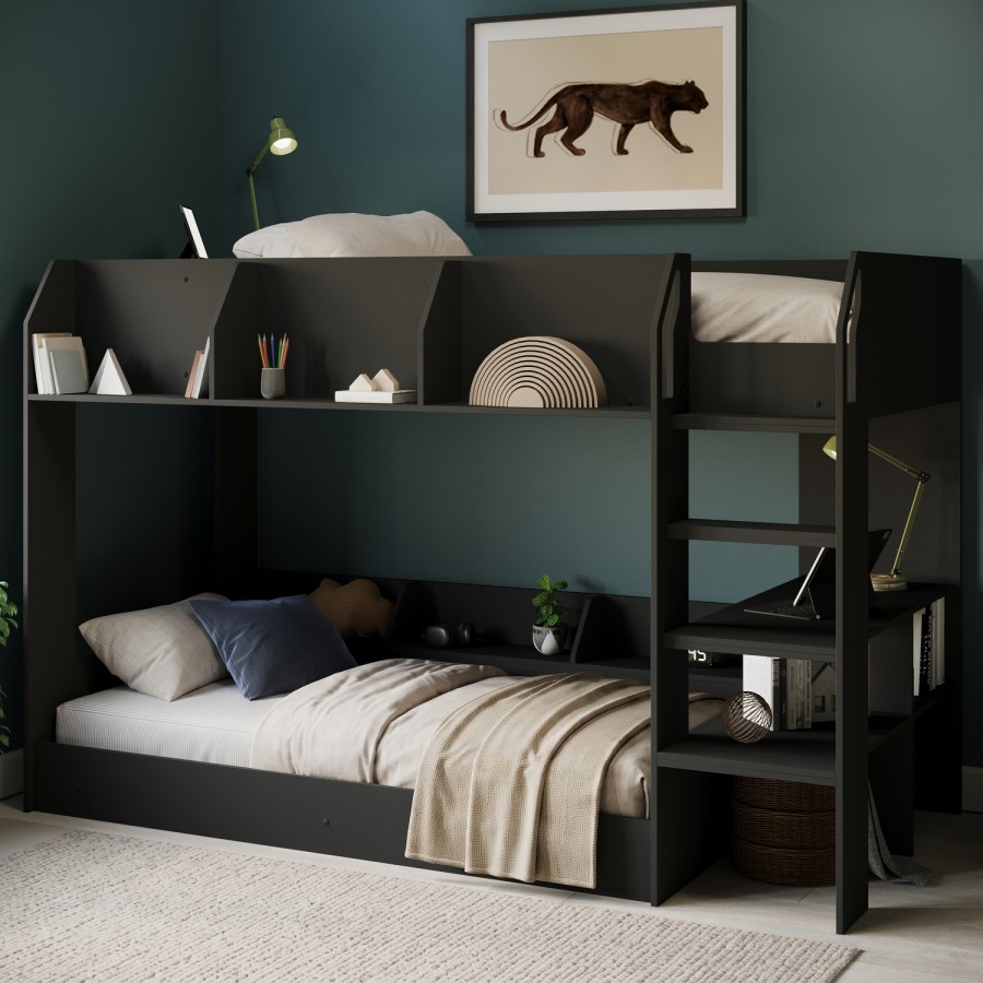 Black Bunk Bed with Storage Shelves - Freddie