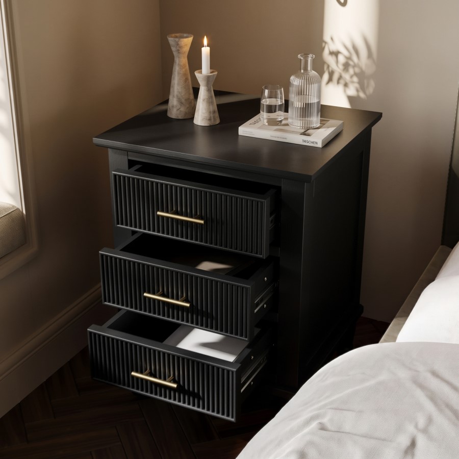 Black Ribbed 3 Drawer Bedside Table - Farah 