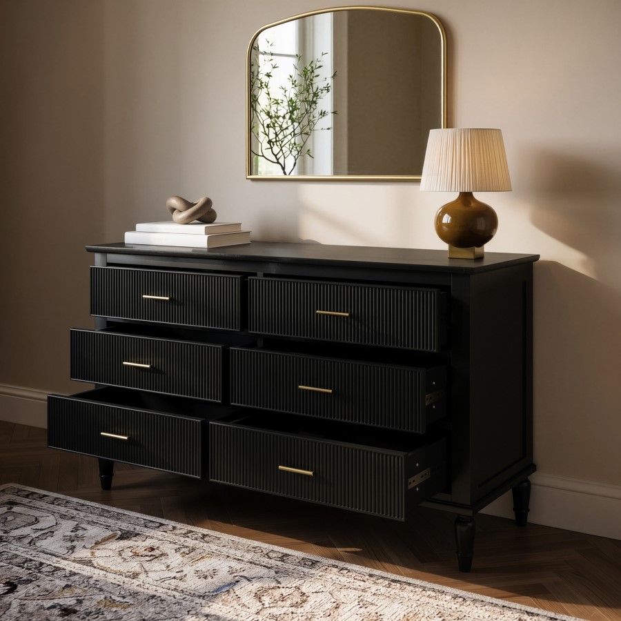 Black Ribbed 6 Drawer Chest of Drawers - Farah
