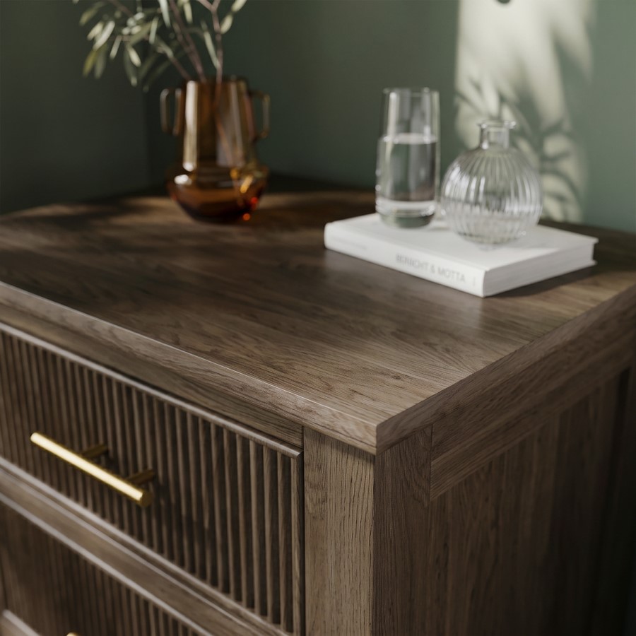Dark Wood Ribbed 3 Drawer Bedside Table - Farah 