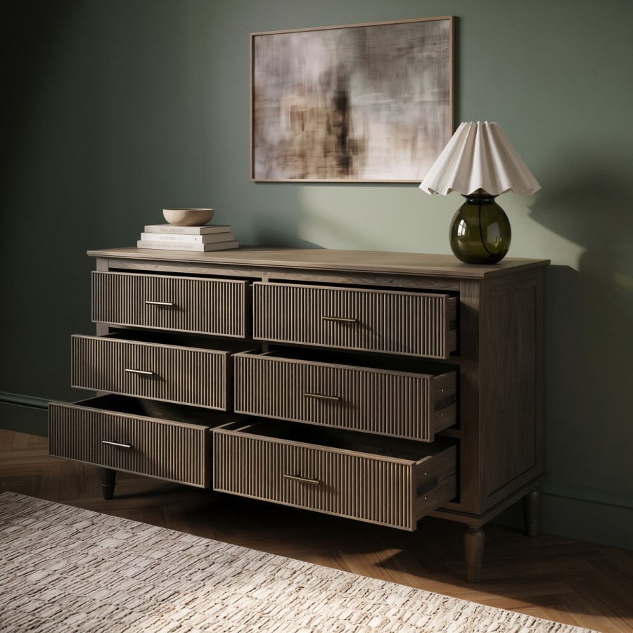 Dark Wood Ribbed 6 Drawer Chest of Drawers - Farah